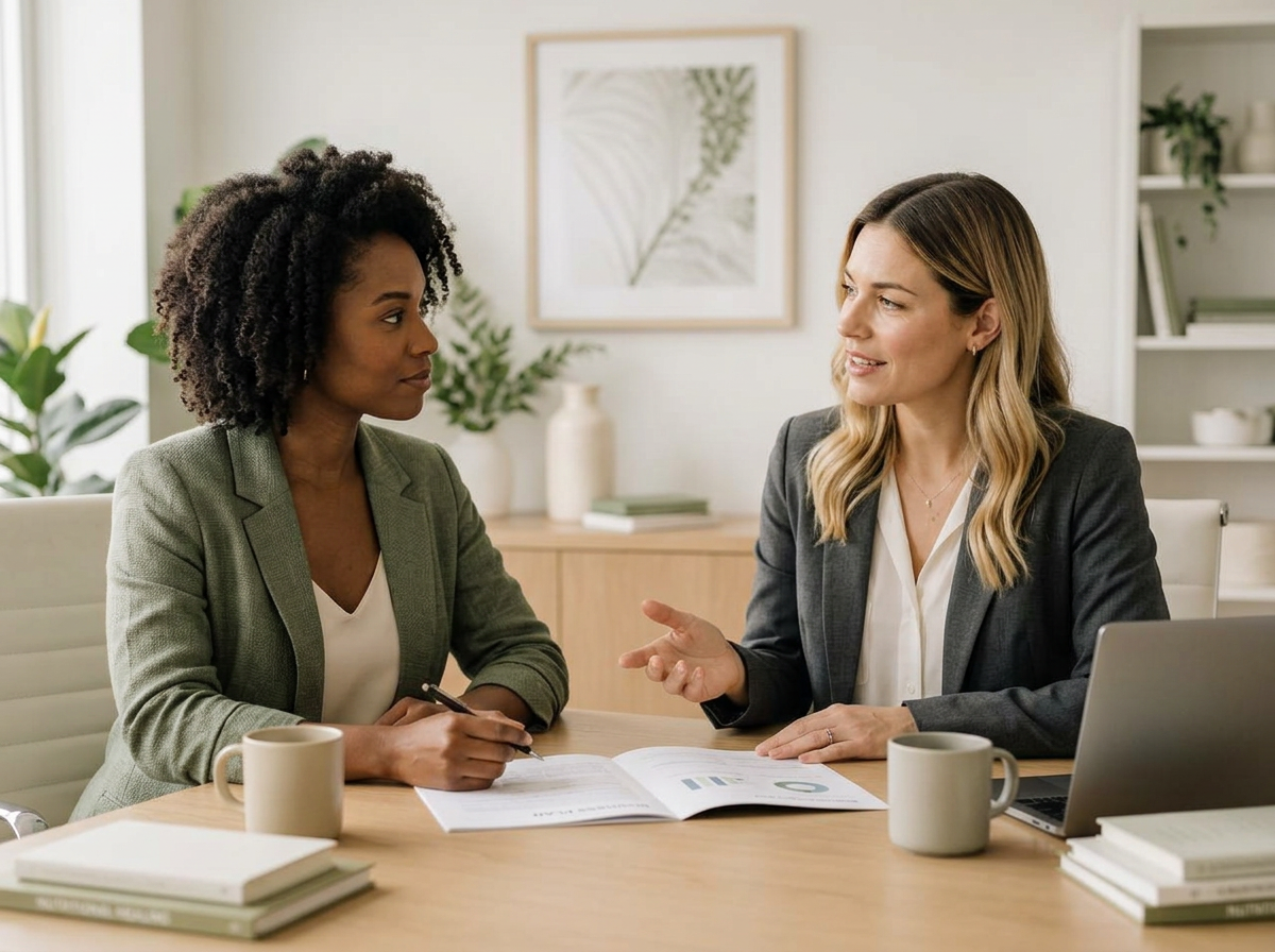 A Black wellness business owner consulting with a White business advisor