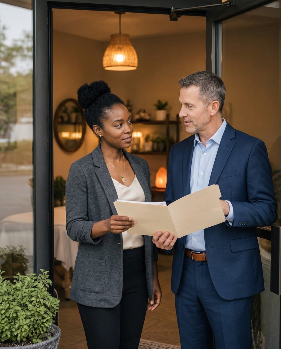 A Black wellness practitioner reviewing plans with a White business consultant